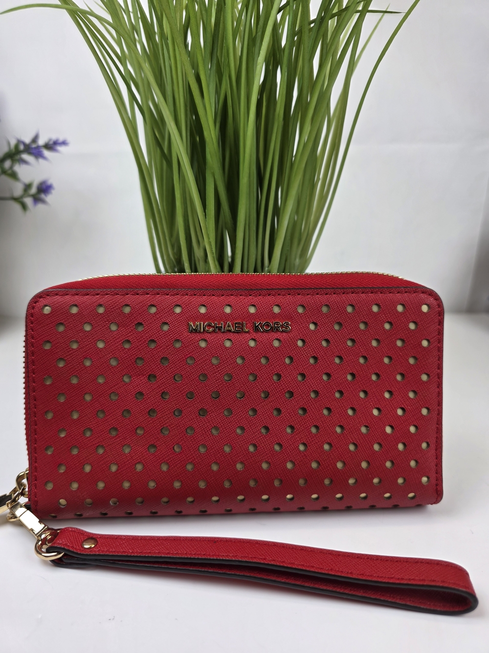 Michael Kors Red Perforated Zip Wristlet Wallet